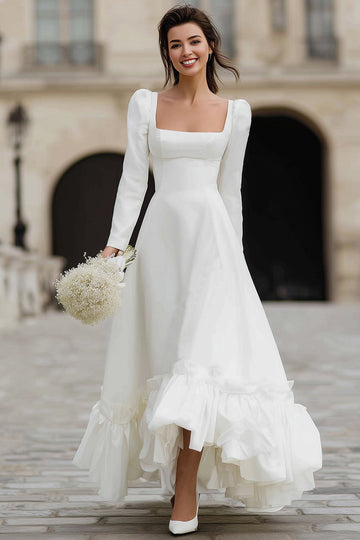 Ivory A-Line Long Sleeve Square Neck Engagement Dress With Ruffles